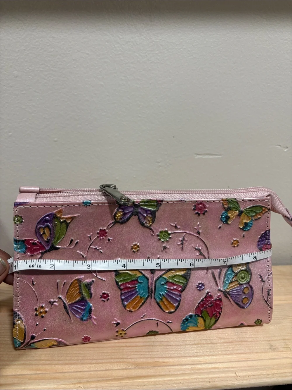 Pink Butterfly Embossed Leather Zip Wallet
